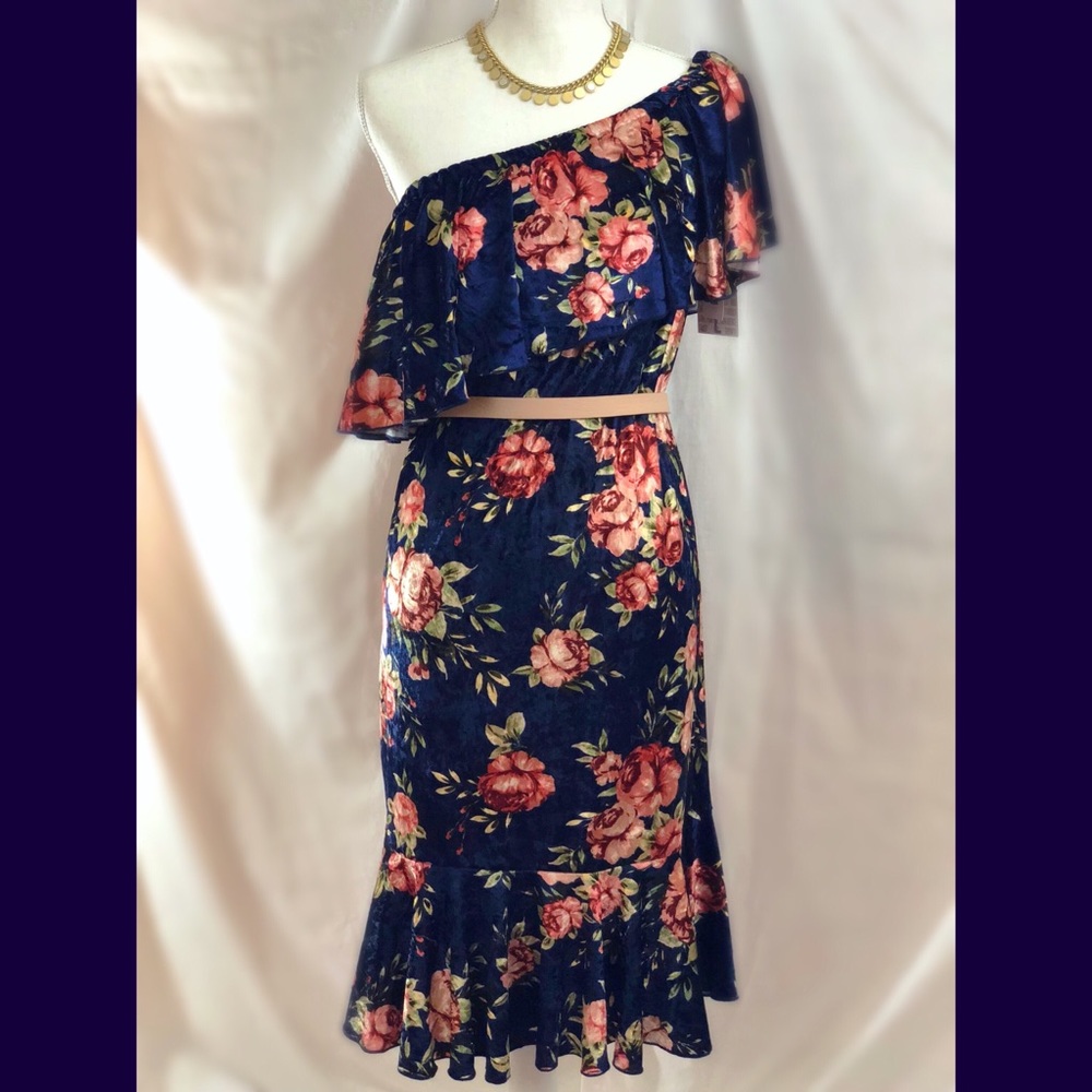 Large Navy/Pink Floral Cici ruffle off shoulder